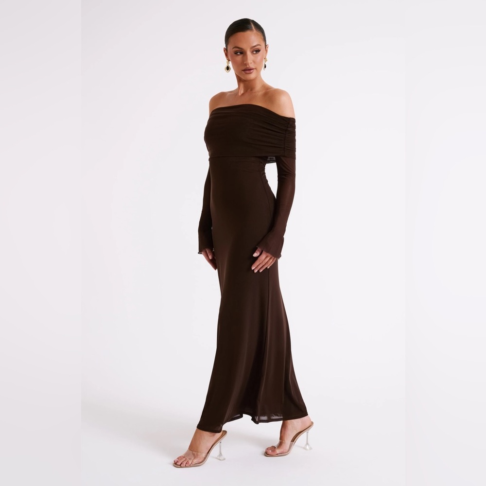 NWT Mekhi Josie Off Shoulder Mesh Maxi Dress in Dark Brown Size XXL